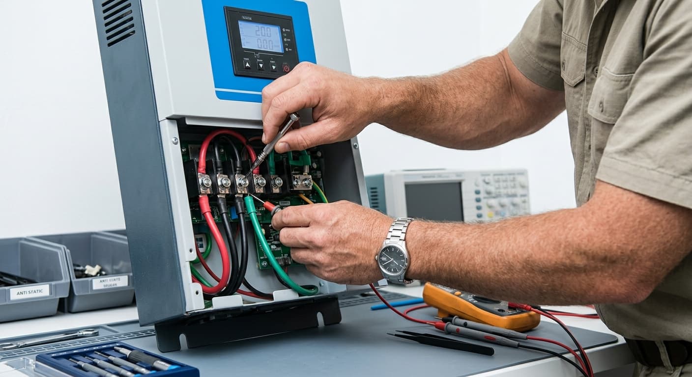 Technician servicing an inverter with multimeter and tools